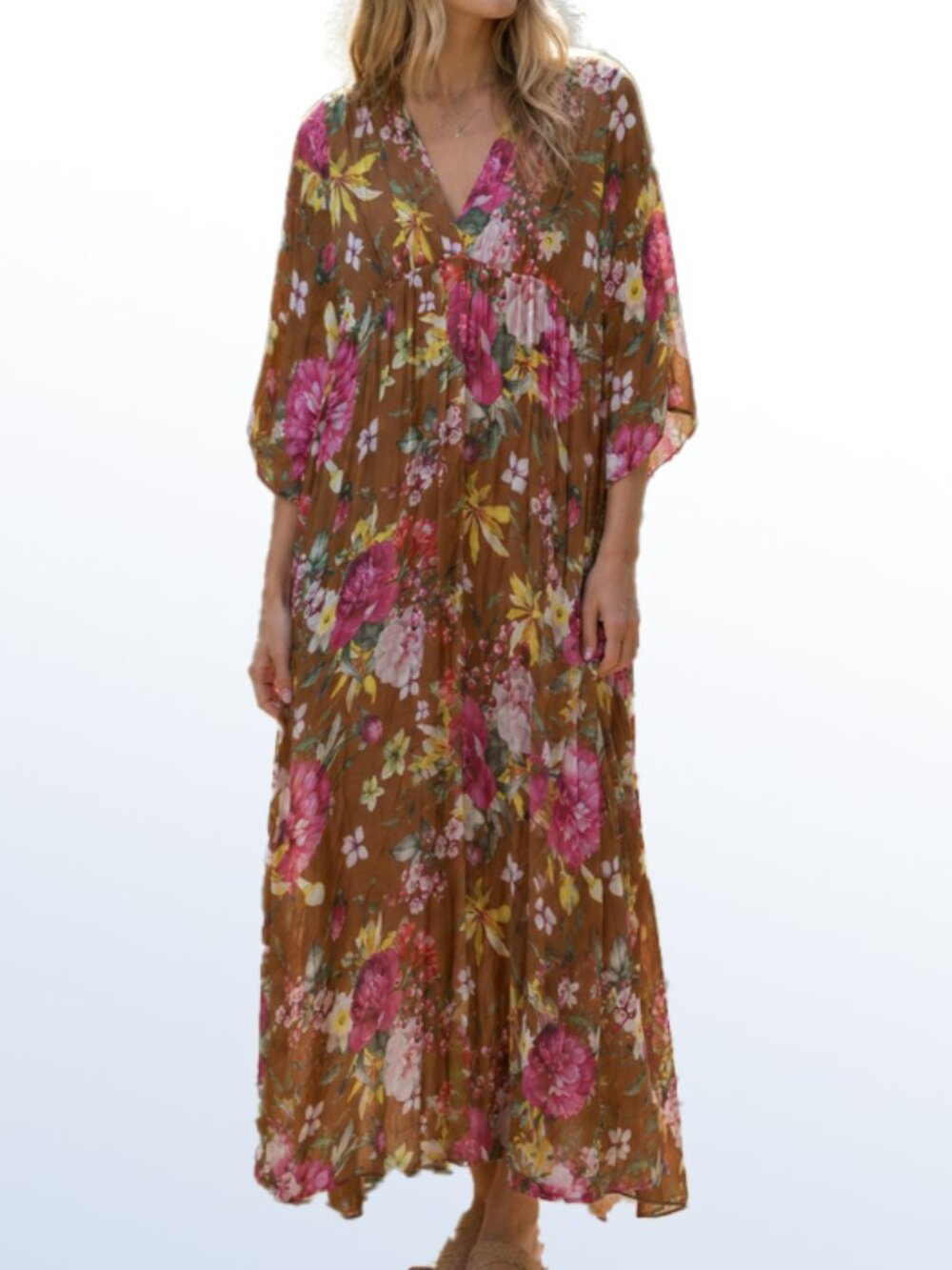 LOLA Silk Dress Sheer Bell Sleeve Floral Flowy Feminine Bohemian Midi